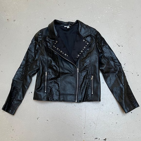 Disney Other - D Signed Disney Black Faux Leather Moto Jacket Girls Medium 10/12 Silver Studs